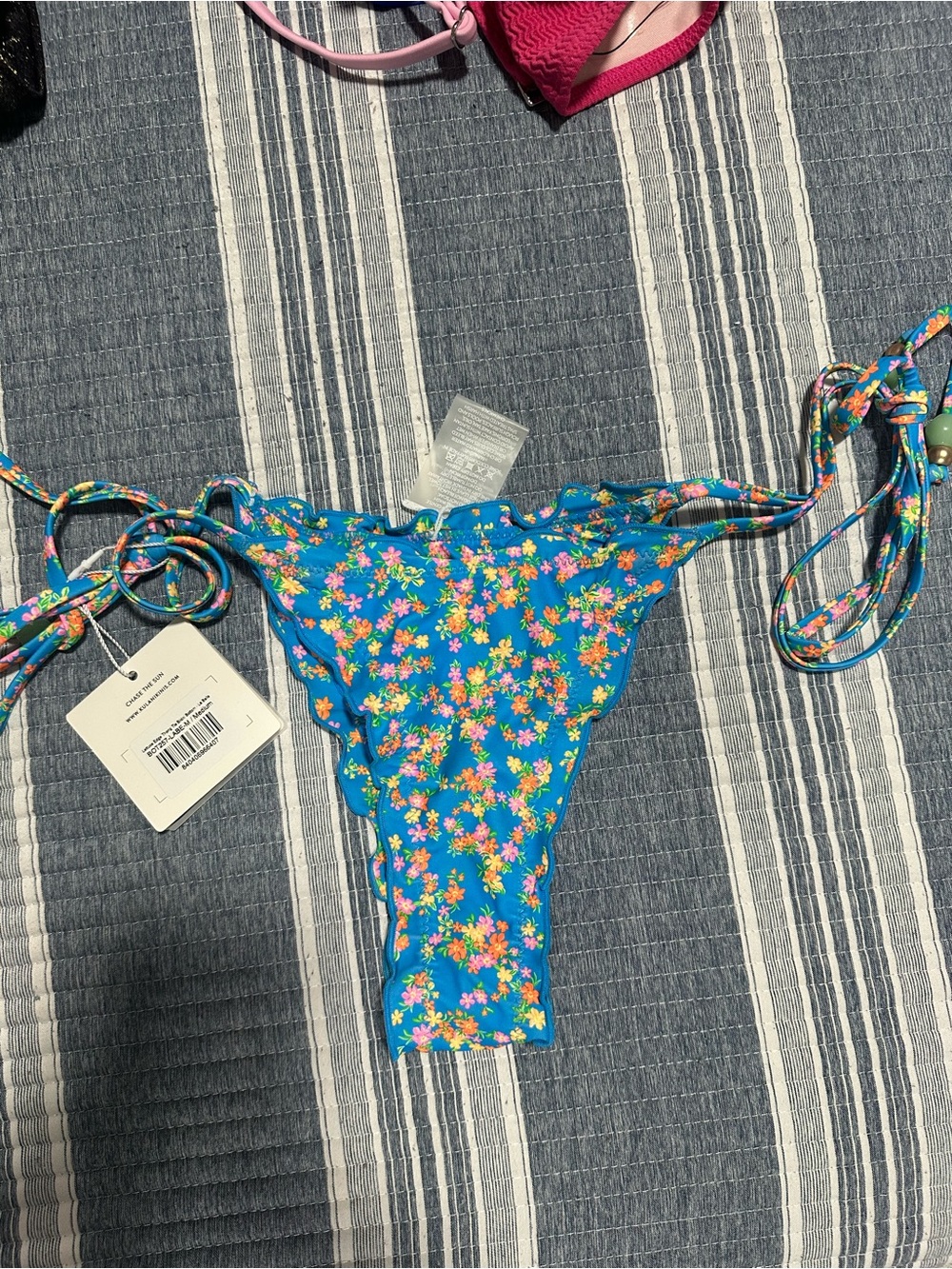 Kulani Kinis Lettuce-edged Blue Floral Tie-Side Bikini Bottom -